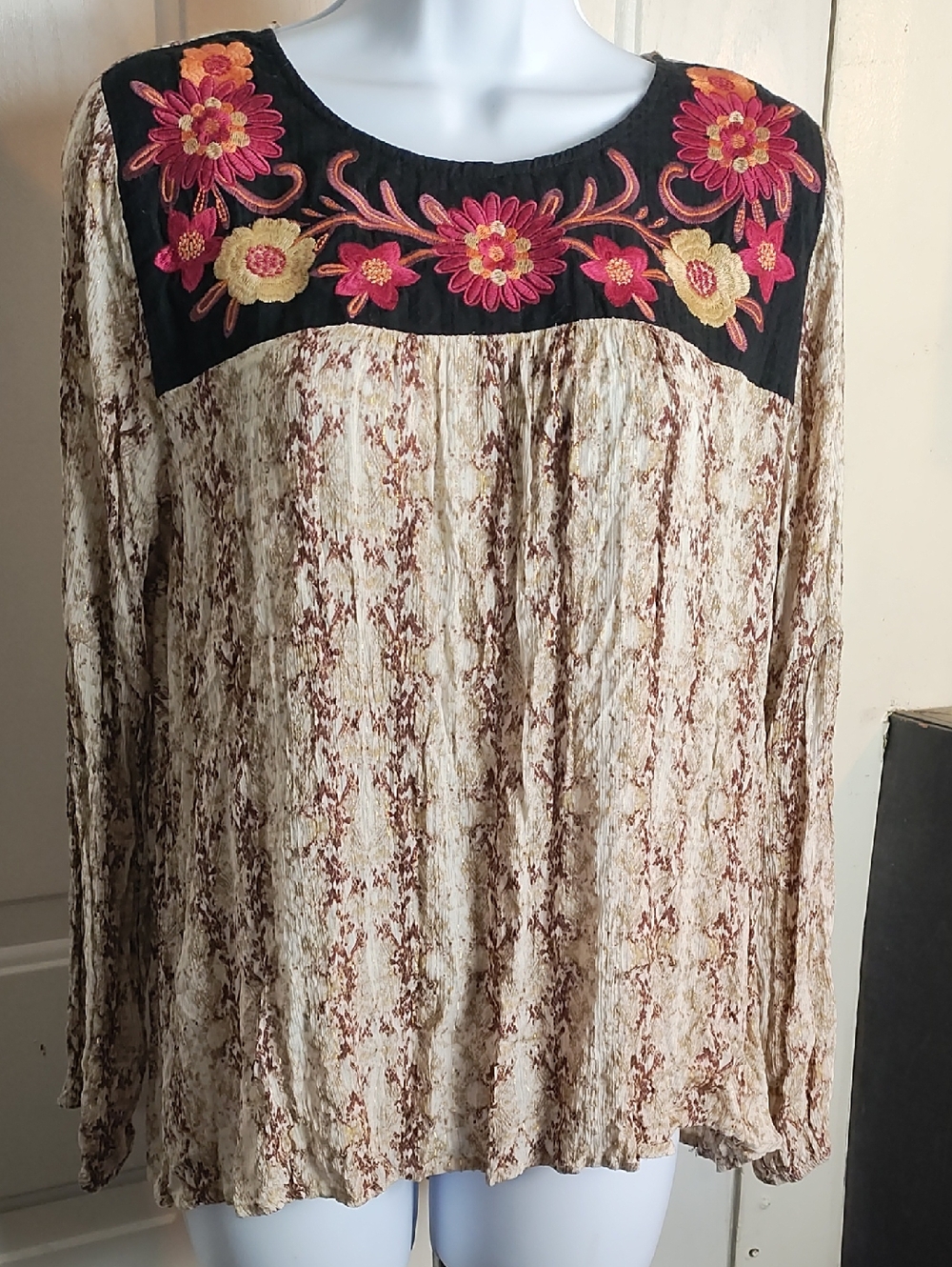 Savanna Jane Cream & Black Boho Embroidered Floral Yoke Blouse